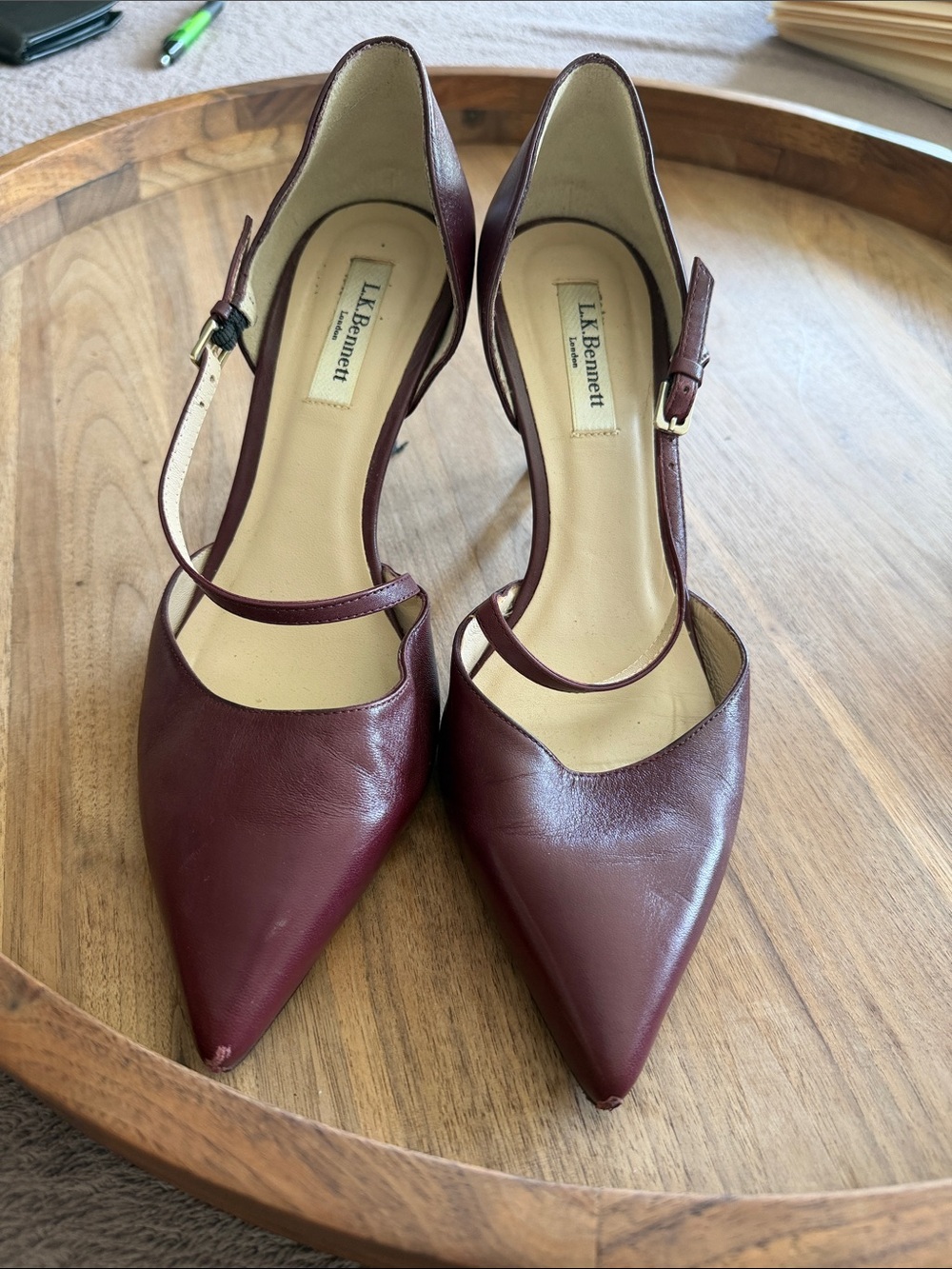 LK Bennett Wine Pointed-Toe Ankle Strap Heels